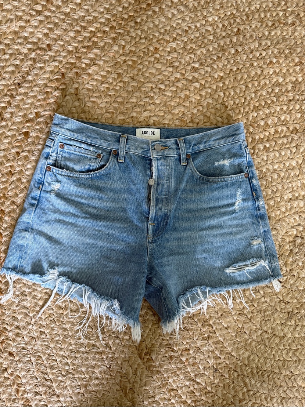 Agolde Light Blue Distressed Frayed Hem Denim Shorts